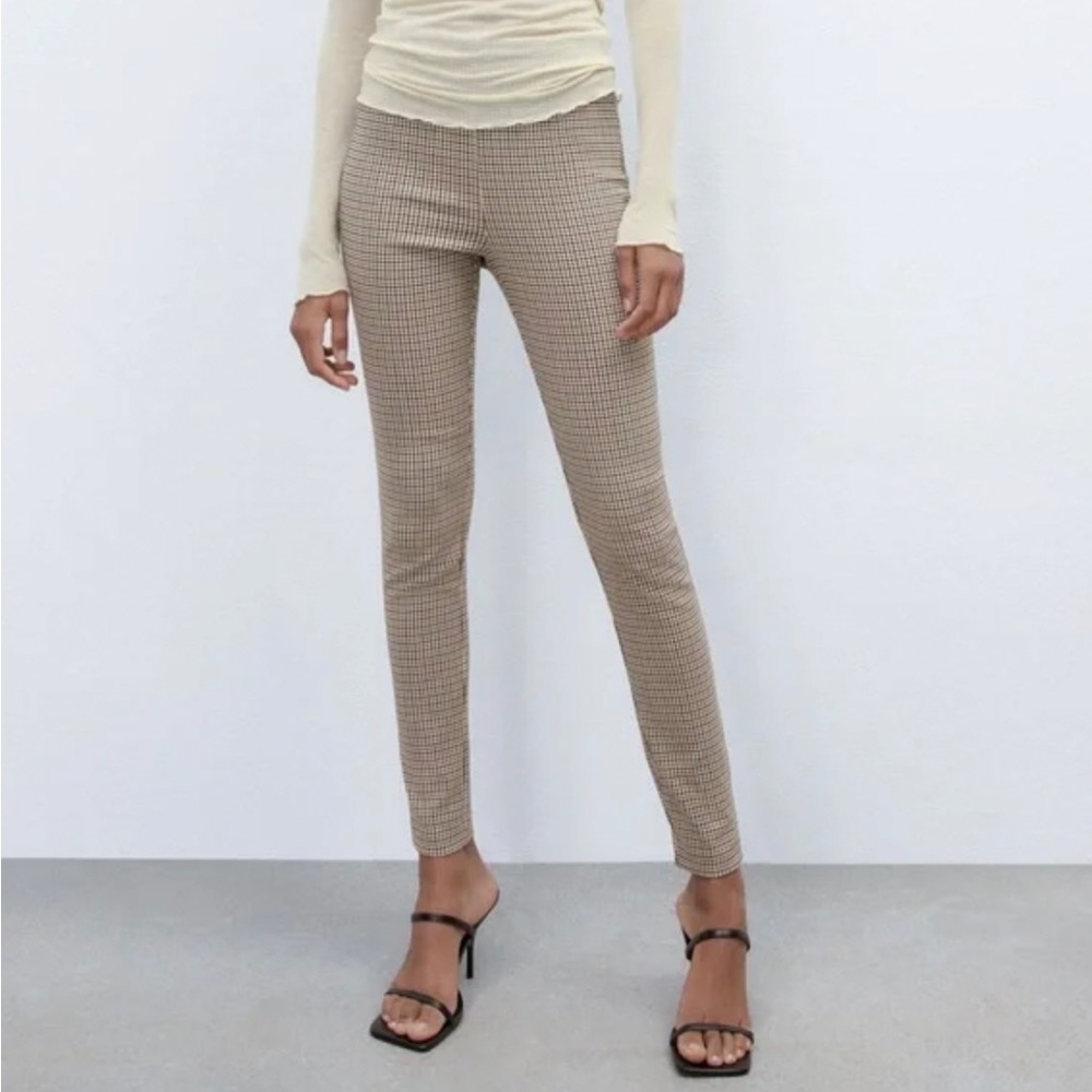 Zara Plaid Pants Brown Tan Size Large Skinny High Waist